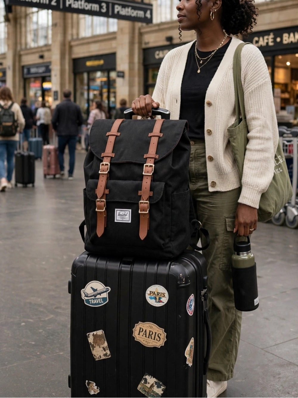 Herschel Flap-Top Black Backpack with Brown Straps -NEW